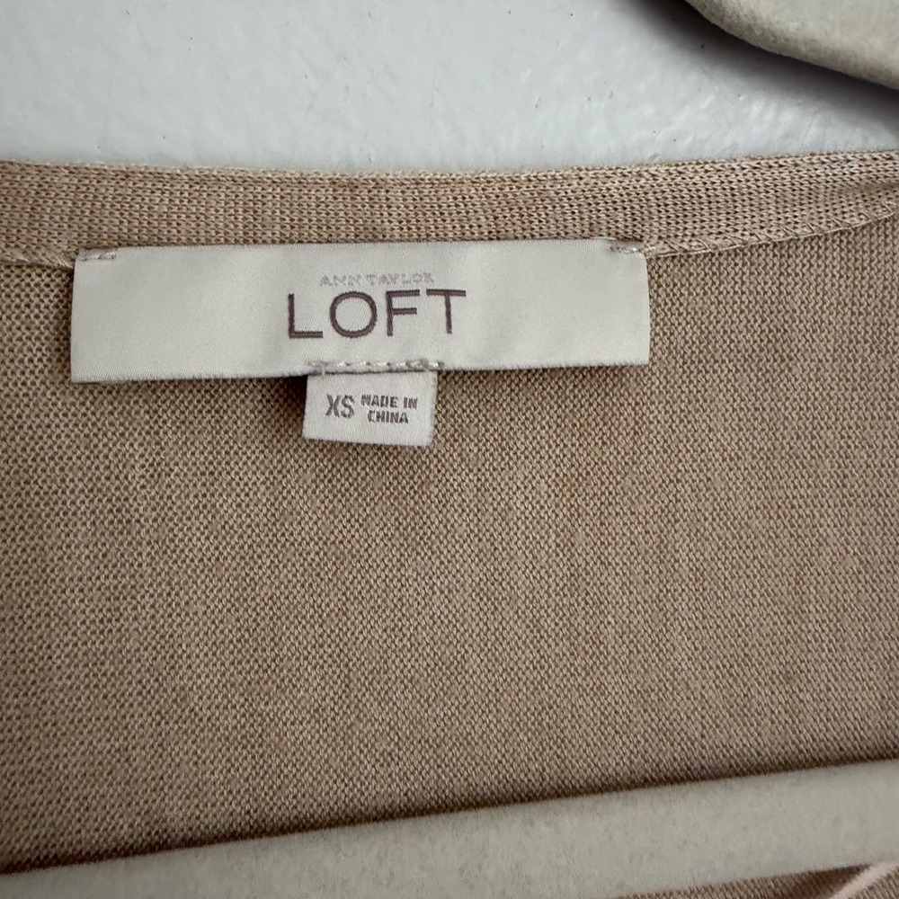 LOFT Womens XS Tan Open Front Waterfall Cardigan Wool Blend Sweater Pockets - Picture 3 of 8